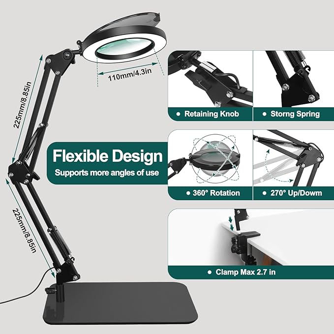 5X Magnifying Glass with Light and Stand, NAKOOS 3-in-1 Magnifying Lamp with Light, 3 Lightings Dimmable Magnifier with Anti-dust Cover and Timer, Soldering Magnifying Glass for DIY Close Work - LeafyLoom