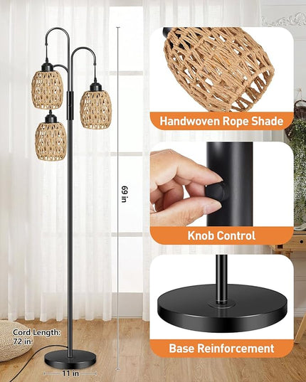 AKASUKI 3 Lights Artificial Rattan Floor Lamps for Living Room, Metal Standing Lamp with Handmade Rope Lampshades, Stepless Dimmable Boho Floor Lamp for Living Room Bedroom, 3 PCS 6W Bulbs Included - LeafyLoom