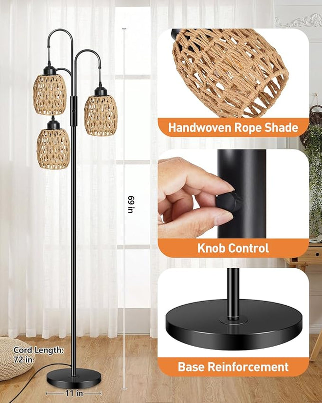 AKASUKI 3 Lights Artificial Rattan Floor Lamps for Living Room, Metal Standing Lamp with Handmade Rope Lampshades, Stepless Dimmable Boho Floor Lamp for Living Room Bedroom, 3 PCS 6W Bulbs Included - LeafyLoom