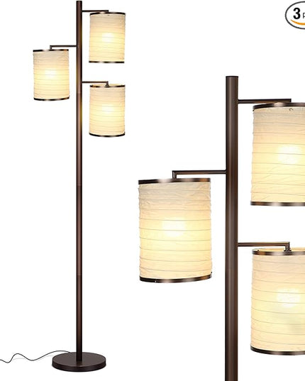 Brightech Liam Floor Lamp, Great Living Room Décor, Tall Tree Lamp for Offices, Asian Lantern Shade Lamp for Living Rooms, Standing Lamp with 3 LED Light Bulbs for Bedroom Reading - Bronze - LeafyLoom