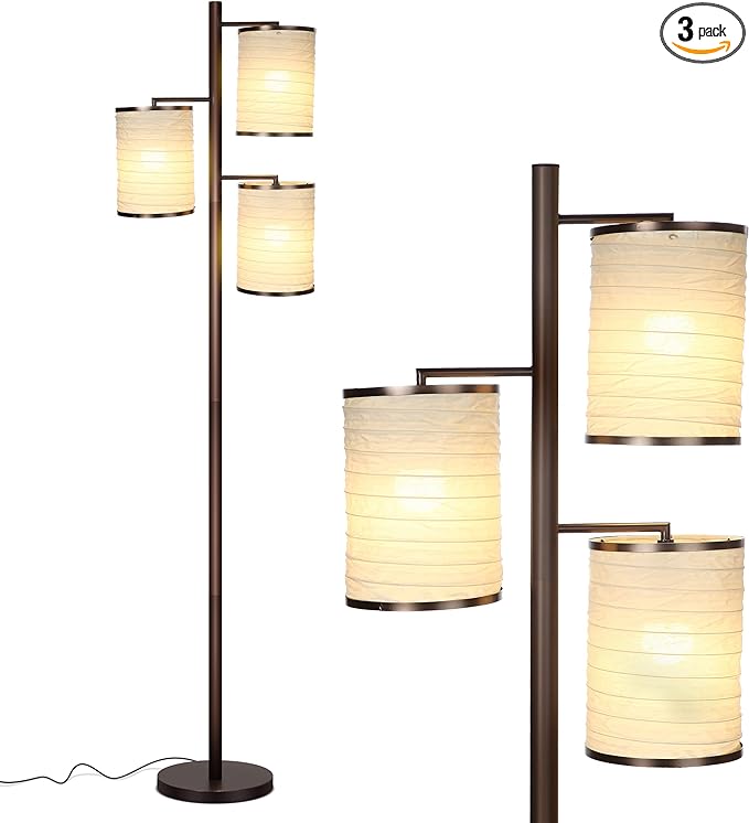 Brightech Liam Floor Lamp, Great Living Room Décor, Tall Tree Lamp for Offices, Asian Lantern Shade Lamp for Living Rooms, Standing Lamp with 3 LED Light Bulbs for Bedroom Reading - Bronze - LeafyLoom