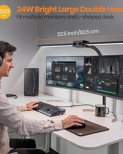 LASTAR LED Desk Lamp with Remote Control ＆ 32.5" Wide Double Head, Architect Desk Lamp for Home Office with Clamp, Timer, 24W Ultra Bright Gooseneck Desk lamp for Computer Reading, Black - LeafyLoom