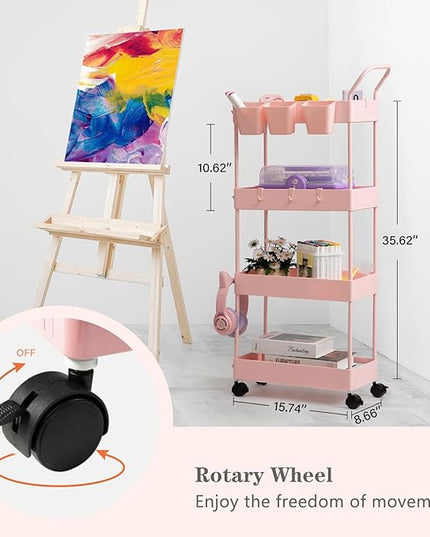 danpinera Slim Storage Cart, 4 Tier Bathroom Cart Organizer Narrow Laundry Cart with Wheels Dividers Hanging Cups Hooks Handle Makeup Lash Cart Shelf Organizer Rack Unit Easy Assembly, Pink - LeafyLoom
