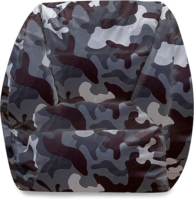 Posh Creations Structured Comfy Bean Bag Chair for Gaming, Reading and Watching TV, Coronado Chair, Nylon - Camo Dark and Black Gray - LeafyLoom
