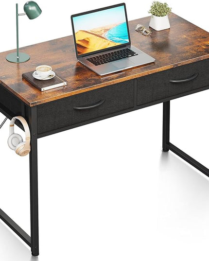 ODK 40 Inch Small Desk with Fabric Drawers- for Bedroom, Vanity Desk with Storage, Home Office Computer Desk for Small Spaces, Modern Work Writing Study Table, Vintage - LeafyLoom
