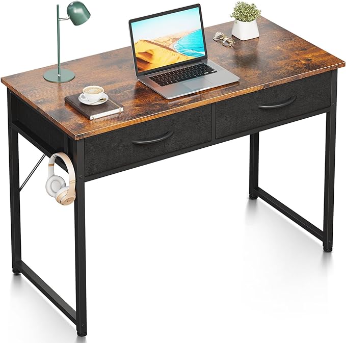 ODK 40 Inch Small Desk with Fabric Drawers- for Bedroom, Vanity Desk with Storage, Home Office Computer Desk for Small Spaces, Modern Work Writing Study Table, Vintage - LeafyLoom