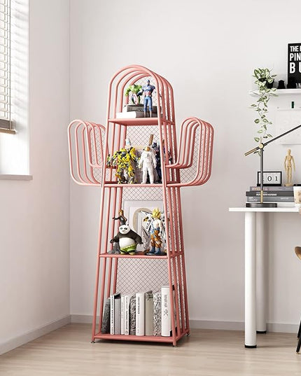 DOORXIF 4-Tier Ladder Pink Bookshelves Freestanding, Cactus Bookcase Storage Organizer Closet Corner Metal Display Cabinet, Corner Pink Bookshelf for Small Spaces, Pink Bookcase for Bedroom Office - LeafyLoom