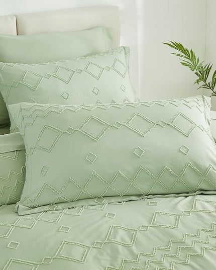 EMME Queen Comforter Set - 7 Pcs Sage Green Boho Bedding Sets, Full Size Tufted Comforter with Sheets, Shabby Chic Embroidery Queen Bed Set Fluffy Bed Bag for All Season(90"X90") - LeafyLoom