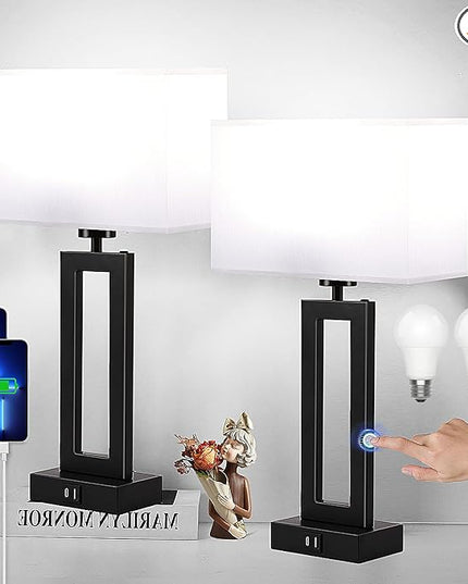Lamps for Bedrooms Set of 2 Touch Control Table Lamp with USB C+A Charging Ports, 3 Way Dimmable Bedside Nightstand Lamps Modern Living Room Lamps for End Tables Night Stand Lamps, White&Black - LeafyLoom