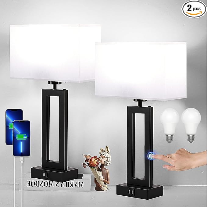 Lamps for Bedrooms Set of 2 Touch Control Table Lamp with USB C+A Charging Ports, 3 Way Dimmable Bedside Nightstand Lamps Modern Living Room Lamps for End Tables Night Stand Lamps, White&Black - LeafyLoom