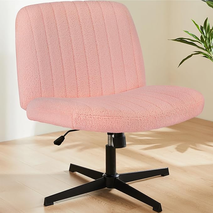 Sweetcrispy Office Chair No Wheels - Armless Desk Chair No Wheels Cross Legged Office Chair Wide Swivel Teddy Fabric Home Office Desk Chairs - LeafyLoom