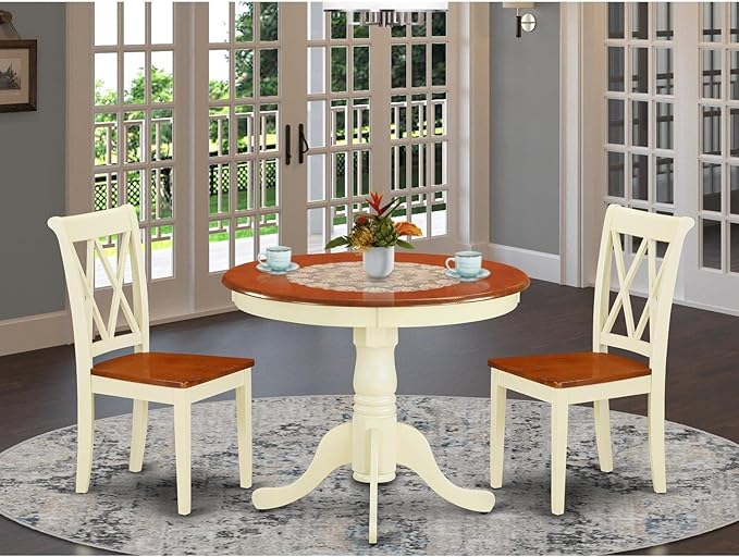 East West Furniture ANCL3-BMK-W Antique 3 Piece Set for Small Spaces Contains a Round Kitchen Table with Pedestal and 2 Dining Chairs, 36x36 Inch - LeafyLoom