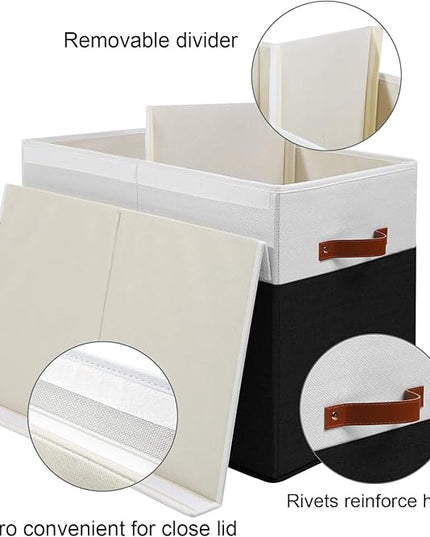 Large Toy Storage Box with Lid, Sturdy Toys Storage Chest Bin Organizer Basket with Dividers for Kids, Boys, Girls, Nursery, Closet, Bedroom, Playroom 25"x13" x16" (Black and White) - LeafyLoom