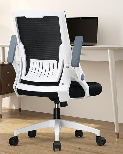 COMHOMA Office Chair with Flip-up Armrests Ergonomic Computer Desk Chair Foldable Mesh Task Chair with Wheels Adaptive Lumbar Support Swivel Tilt Comfortable Study Chair for Student, White - LeafyLoom