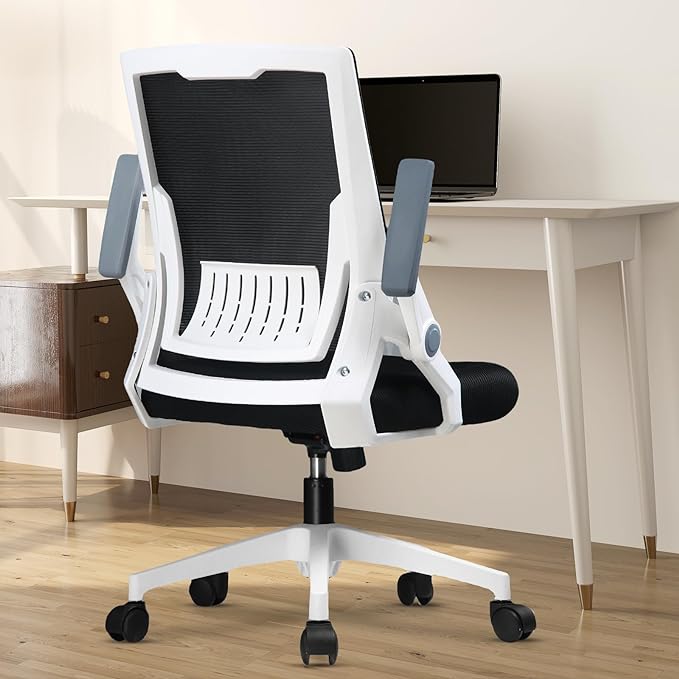 COMHOMA Office Chair with Flip-up Armrests Ergonomic Computer Desk Chair Foldable Mesh Task Chair with Wheels Adaptive Lumbar Support Swivel Tilt Comfortable Study Chair for Student, White - LeafyLoom