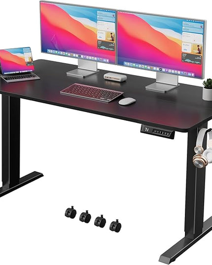 Electric Standing Desk 55 Inch, Ergonomic Height Adjustable Table with T-Shaped Metal Bracket Modern Computer Workstations for Home Office, Black - LeafyLoom