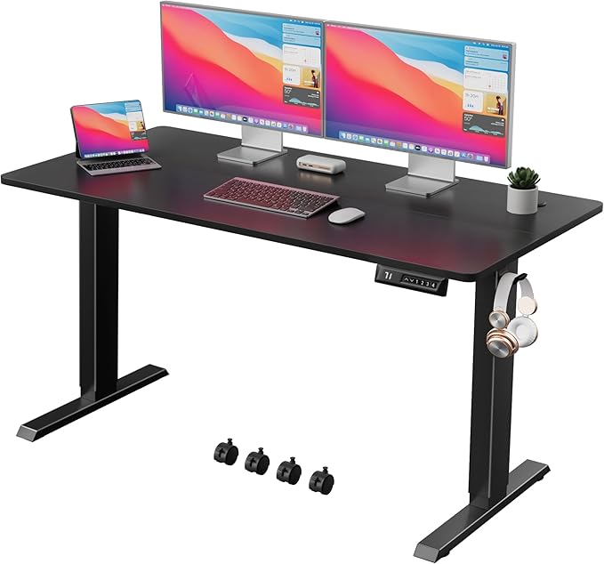 Electric Standing Desk 55 Inch, Ergonomic Height Adjustable Table with T-Shaped Metal Bracket Modern Computer Workstations for Home Office, Black - LeafyLoom