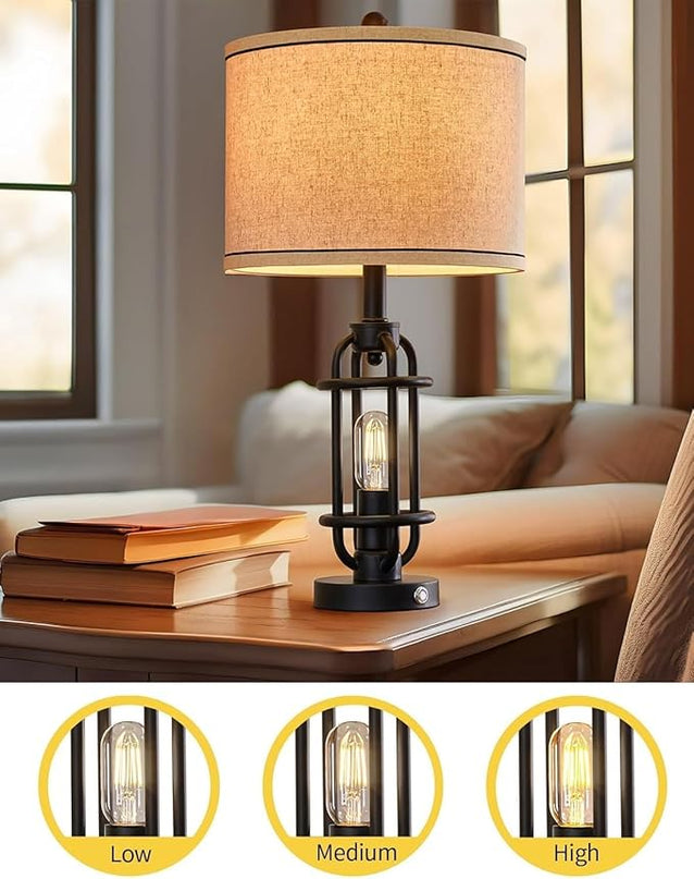 Industrial Black Metal Table Lamps Living Room 23.75'' Lamp for Nightstand Single Bedside End Lamp Home Decor Touch Lamp Modern Lamps with USB Ports - LeafyLoom