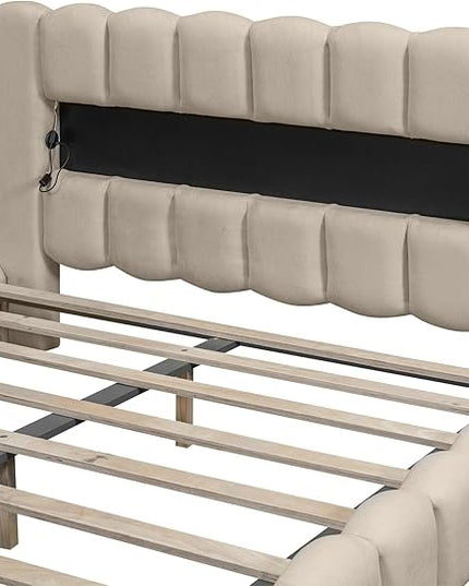 Queen Size Upholstered Platform Bed with Large Underneath Storage and LED Headboard, Platform Bed Frame with USB Charger for Bedroom Guest Room,No Box Spring Needed - LeafyLoom