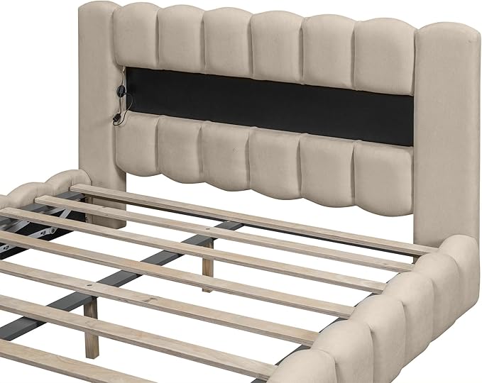 Queen Size Upholstered Platform Bed with Large Underneath Storage and LED Headboard, Platform Bed Frame with USB Charger for Bedroom Guest Room,No Box Spring Needed - LeafyLoom
