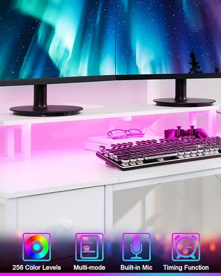 White Computer Desk with LED Light & Power Outlets, 47 Inch Gaming Desk with 4 Fabric Drawers, Office Desk with Monitor Stand, Work Writing Desk with Hooks for Home Office, Bedroom, HGD12WT - LeafyLoom