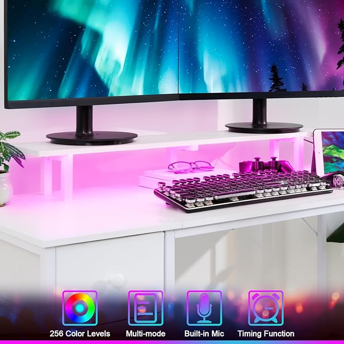 White Computer Desk with LED Light & Power Outlets, 55 Inch Gaming Desk with 4 Fabric Drawers, Office Desk with Monitor Stand, Work Writing Desk with Hooks for Home Office, Bedroom, HGD14WT - LeafyLoom