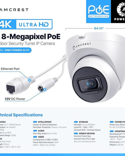 Amcrest UltraHD 4K (8MP) Outdoor Security IP Turret PoE Camera, 3840x2160, 98ft NightVision, 2.8mm Lens, IP67 Weatherproof, MicroSD Recording (256GB), White Amcrest