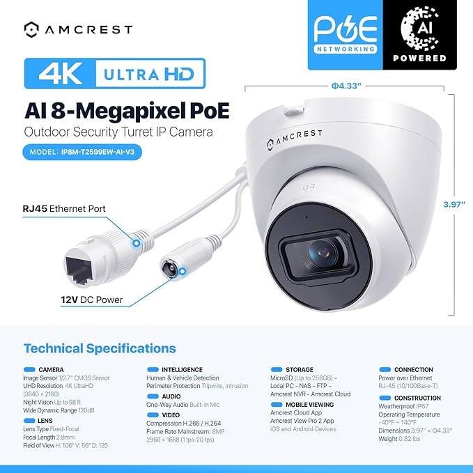 Amcrest UltraHD 4K (8MP) Outdoor Security IP Turret PoE Camera, 3840x2160, 98ft NightVision, 2.8mm Lens, IP67 Weatherproof, MicroSD Recording (256GB), White Amcrest