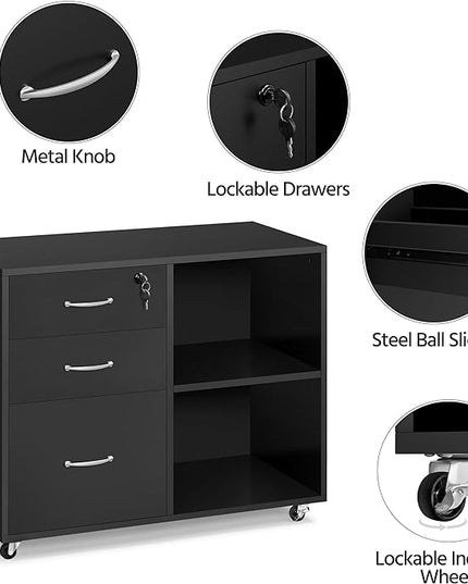 Yaheetech Black File Cabinet with Lock for Letter, A4 Size,3 Drawer Lateral Filing Cabinet Printer Stand with Open Storage Compartments,Mobile Filing Cabinet for Home Office, Black - LeafyLoom
