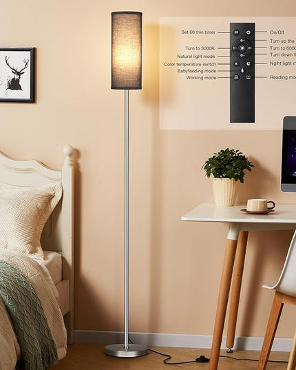 Ambimall Floor Lamps for Living Room, Modern Silver Floor Lamp with Remote Control and Stepless Dimmable Colors Temperature & Brightness (9W Bulb Included, Black Lampshade) - LeafyLoom