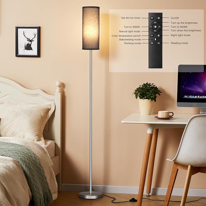 Ambimall Floor Lamps for Living Room, Modern Silver Floor Lamp with Remote Control and Stepless Dimmable Colors Temperature & Brightness (9W Bulb Included, Black Lampshade) - LeafyLoom