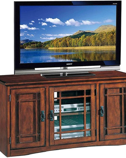 Leick Home 82350 Solid Wood Mission Oak Three Door TV Stand For 55" TVs Universal TV Console Living Room Storage Shelves Entertainment Center, Mission Oak - LeafyLoom