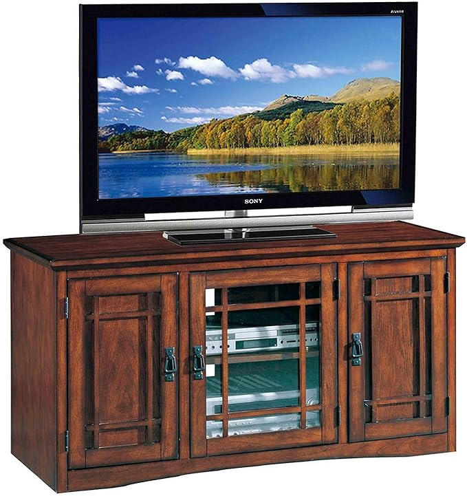 Leick Home 82350 Solid Wood Mission Oak Three Door TV Stand For 55" TVs Universal TV Console Living Room Storage Shelves Entertainment Center, Mission Oak - LeafyLoom