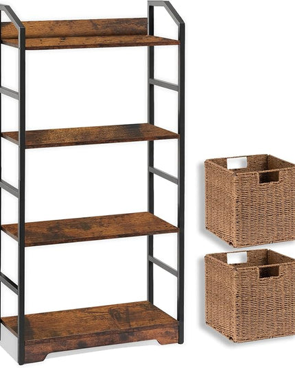 Vagusicc 4 Tier Bookshelf with 2 Storage Baskets, Tall Bookcase Shelf Storage Organizer Wood Book Shelf, Modern Shelf Rack Shelves with Steel Frame, Multipurpose Bookshelf for Bedroom Living Room - LeafyLoom