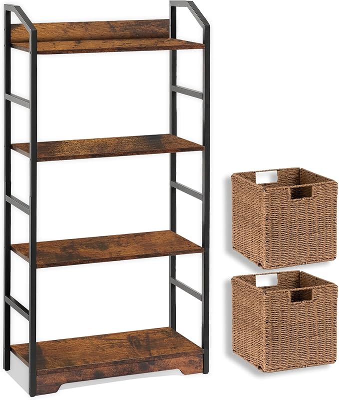 Vagusicc 4 Tier Bookshelf with 2 Storage Baskets, Tall Bookcase Shelf Storage Organizer Wood Book Shelf, Modern Shelf Rack Shelves with Steel Frame, Multipurpose Bookshelf for Bedroom Living Room - LeafyLoom