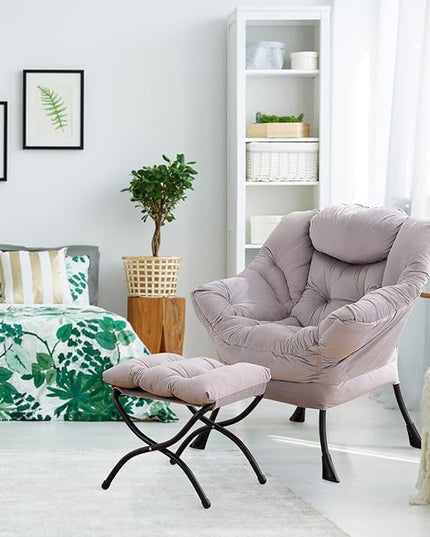 Welnow Lazy Chair with Ottoman, Modern Lounge Accent Chair with Armrests and a Side Pocket, Leisure Upholstered Sofa Chair Reading Chair with Footrest for Small Space, Corner Chair, Light Grey - LeafyLoom