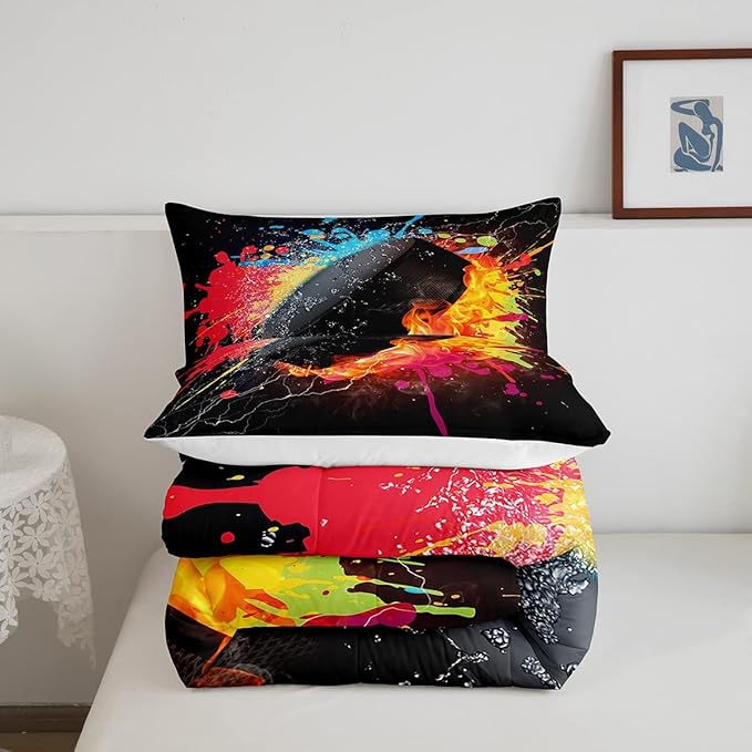 Erosebridal Hockey Bedding Set for Teen Boys Kids Winter Sports Full Comforter Set Grunge Hippie Tie Dye Ball Bed Comforter Sets Red Blue Fire and Water Lightning Quilt Duvet Insert 2 Pillow Cases - LeafyLoom
