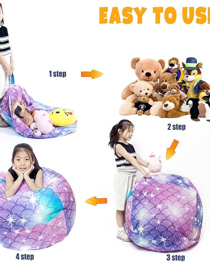 Stuffed Animal Storage Bean Bag Chair Cover, Hold Kids Plush Toys Blankets Towels Beanbag (Cover Only), Floor Circle Stuff Sit Seat Sofa with YKK Zipper, Extra Large 38", Classic Mermaid - LeafyLoom