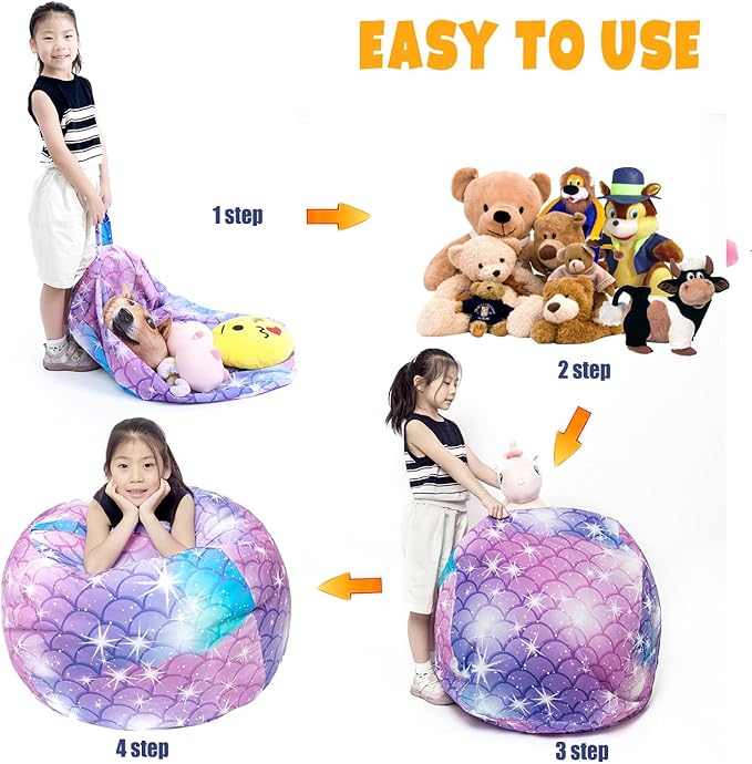 Stuffed Animal Storage Bean Bag Chair Cover, Hold Kids Plush Toys Blankets Towels Beanbag (Cover Only), Floor Circle Stuff Sit Seat Sofa with YKK Zipper, Extra Large 38", Classic Mermaid - LeafyLoom