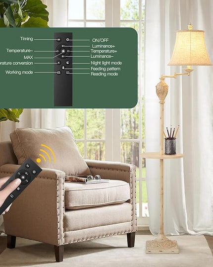 Traditional LED Floor Lamp with 350° Adjustable Swing Arm Lamp – Vintage Standing Pole lamp for Living Room, Bedroom and Office – Rustic Upright Floor Light for Home Décor with Silk Fabric Shade - LeafyLoom