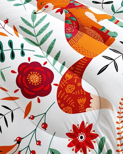 Cartoon Fox Comforter Set 3-Pieces Cute Fox Bedding Set Plants Leaves Printed Quilt Set for Kids Boys Girls with 2 Pillowcases Twin - LeafyLoom