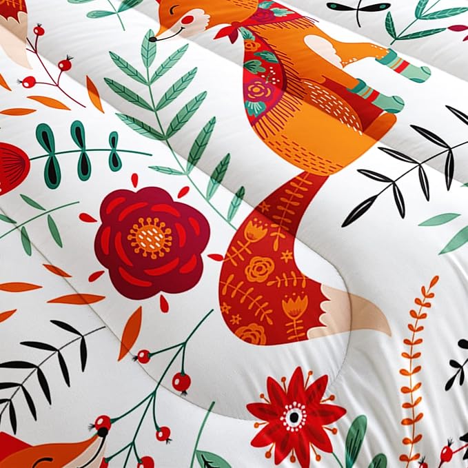 Cartoon Fox Comforter Set 3-Pieces Cute Fox Bedding Set Plants Leaves Printed Quilt Set for Kids Boys Girls with 2 Pillowcases Full - LeafyLoom