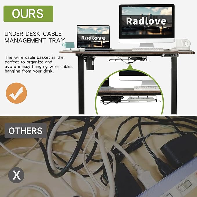 Radlove Electric Standing Desk 48 x 24 Inches, Height Adjustable Computer Desk Sit Stand Desk Home Office Desks with Splice Board and A Under Desk Cable Management Tray, Rustic Brown Top/Black Frame - LeafyLoom