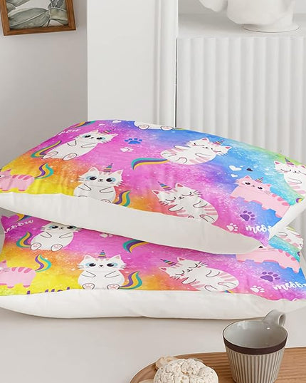 Axolotl Cat Bedding Queen Cartoon Cat Comforter Set,Rainbow Printed Kids Bedding Set for Girls Kids Adults Teens,Kids Comforter Set All Season,1 Quilt 2 Pillow Cases,Colorful Pink Blue - LeafyLoom