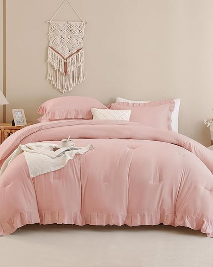Andency Blush Pink Ruffle Comforter King, 3 Pieces All Season Farmhouse Shabby Chic Comforter, Vintage Rustic Soft Microfiber Down Alternative Bedding Comforter Set - LeafyLoom