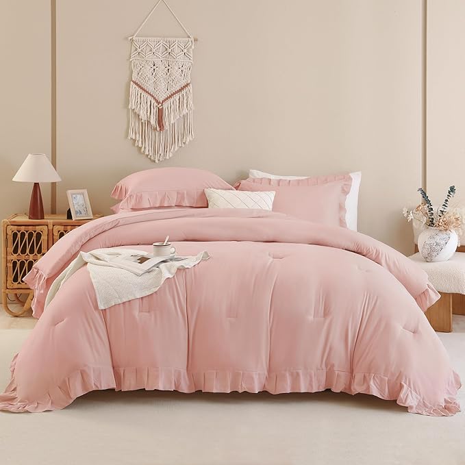 Andency Blush Pink Ruffle Comforter King, 3 Pieces All Season Farmhouse Shabby Chic Comforter, Vintage Rustic Soft Microfiber Down Alternative Bedding Comforter Set - LeafyLoom