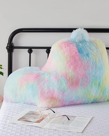 Faux Fur Backrest Pillow for Kids, Teen Reading Pillow with Arms, Fluffy Back Support Pillow for Sitting Up in Bed/Couch, Bed Wedge Pillow for Girls, Reading & Bed Rest Pillows (Pink) - LeafyLoom