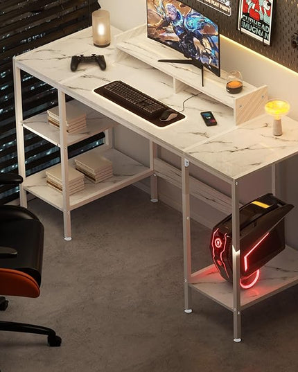 Computer Desk - 55 Inch Home Office Desk with Storage, Gaming Desk with Monitor Stand, Modern Simple Study Table, Adjustable Storage Space, White - LeafyLoom