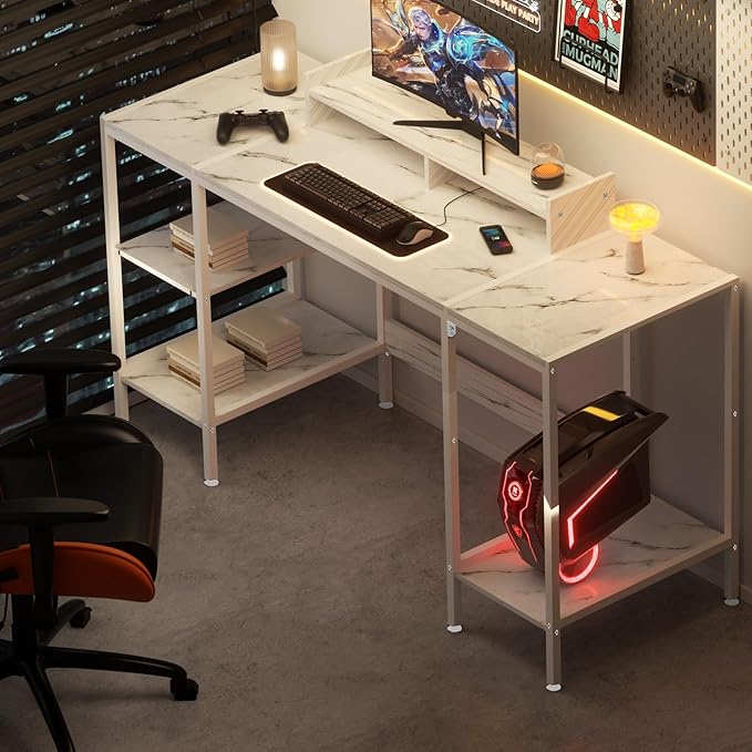 Computer Desk - 55 Inch Home Office Desk with Storage, Gaming Desk with Monitor Stand, Modern Simple Study Table, Adjustable Storage Space, White - LeafyLoom