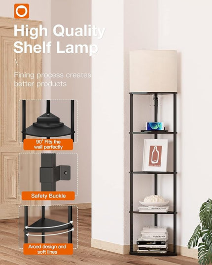 addlon 5-Tier Corner Shelf Floor Lamp with Type C, USB Port & 1 Power Outlet and 3CCT LED Bulb, Modern Display Lamp for Narrow Corner Bookshelf lamp for Living Room, Bedroom, Office - Black - LeafyLoom